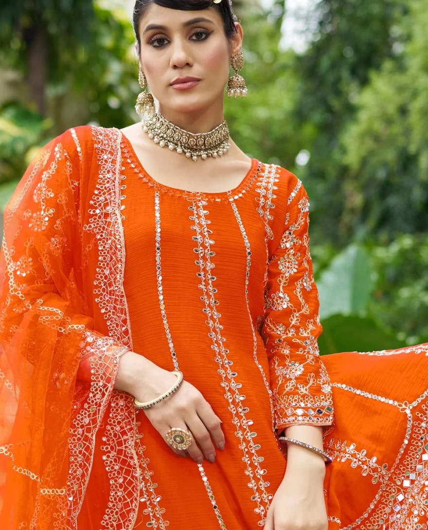 ORANGE - Scintillating Orange Chinon Palazzo Salwar Suit